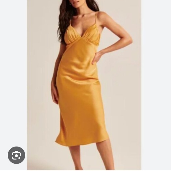 Abercrombie and Fitch Gold Ruched Satin Slip Midi Dress - Picture 4 of 4